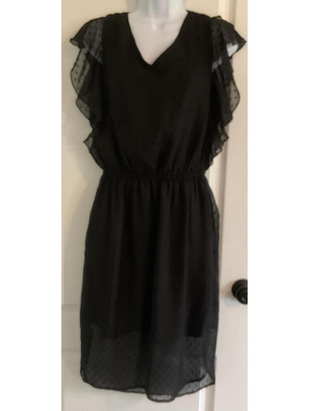 Black Sheer Polka Dot Midi Dress with Ruffle Sleeves
